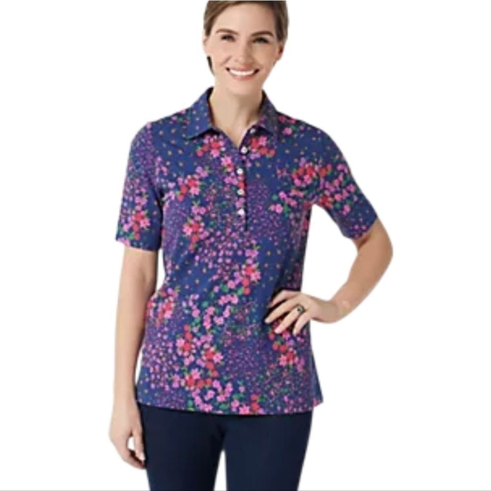 Isaac Mizrahi Live Floral Printed Pique Polo with Above Elbow Sleeves Size XS